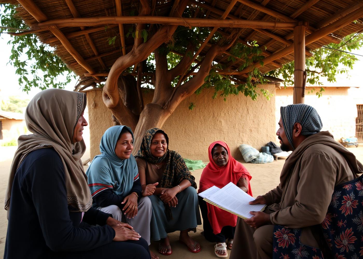 Community members meeting with a local facilitator in a village setting